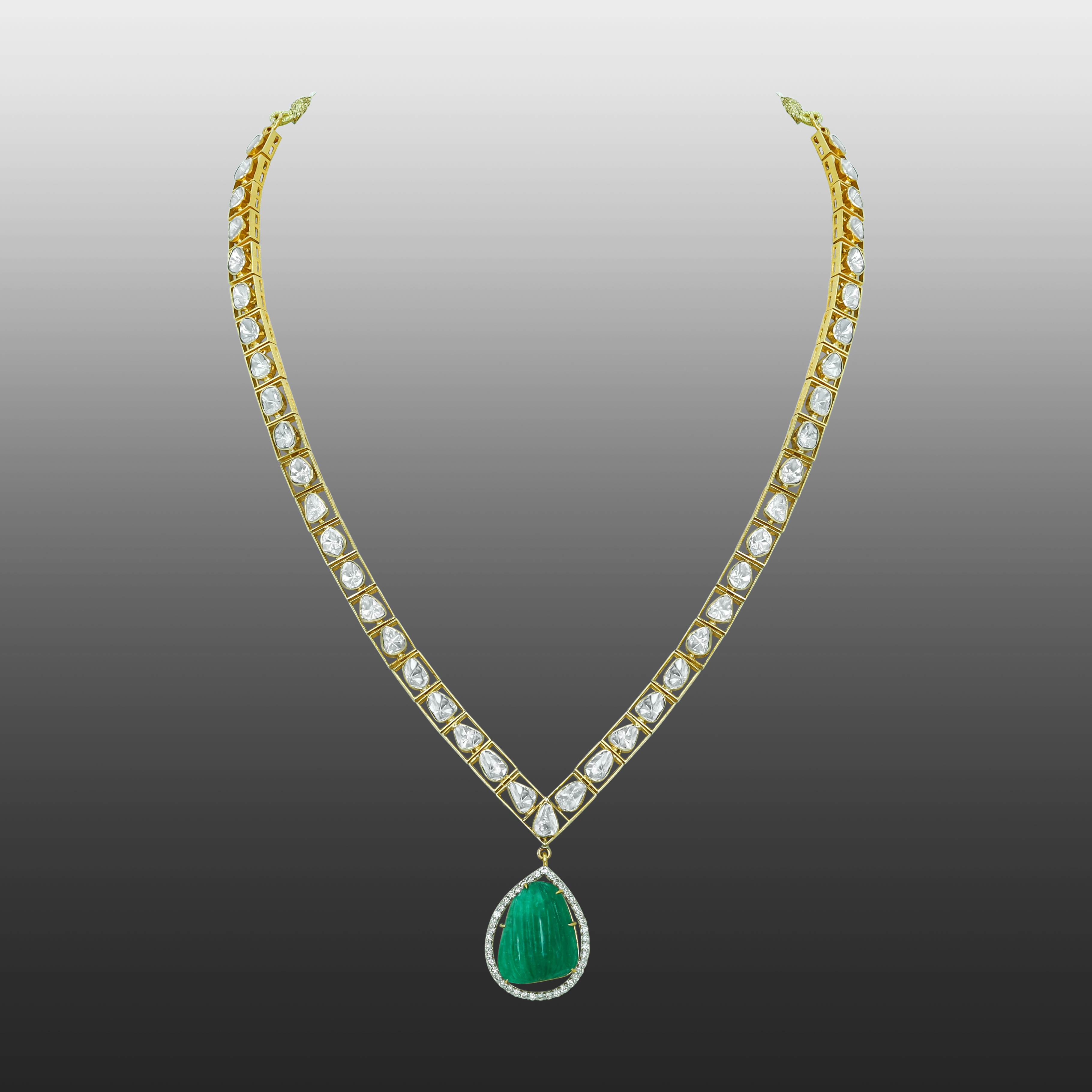 Polki Diamond Necklace with Open Setting and Emerald Teardrop Pendant